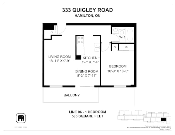 A floor plan for a home at 333 Quigley Road, Hamilton, ON shows a living room, kitchen, dining room, and two bedrooms.