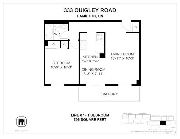 A floor plan for a property at 333 Quigley Road in Hamilton, ON, showing a bedroom, two living rooms, a kitchen, and a balcony.