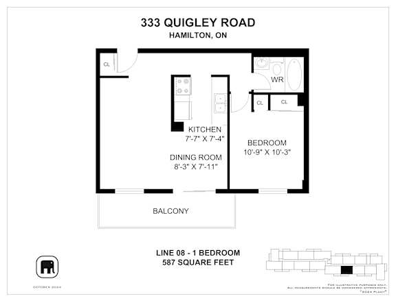 A floor plan for a home at 333 Quigley Road, Hamilton, ON shows a kitchen, two bedrooms, a dining room, a living room, and a balcony.