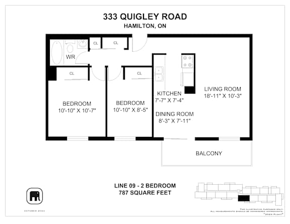 A floor plan for a two bedroom apartment at 333 Quigley Road, Hamilton, ON.