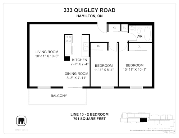A floor plan for a property at 333 Quigley Road in Hamilton, ON, showing a living room, kitchen, dining room, two bedrooms, a balcony, and a workroom.