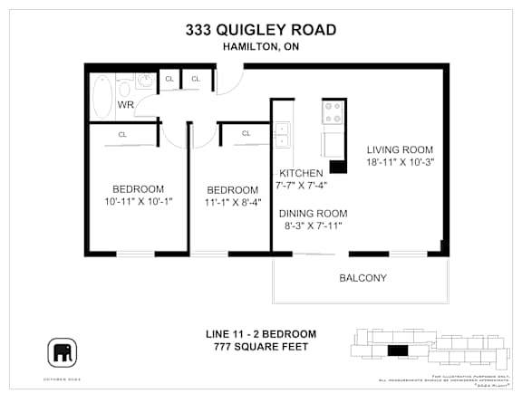 A floor plan for a home at 333 Quigley Road, Hamilton, ON, showing the layout of the bedrooms, living room, kitchen, dining room, and balcony.