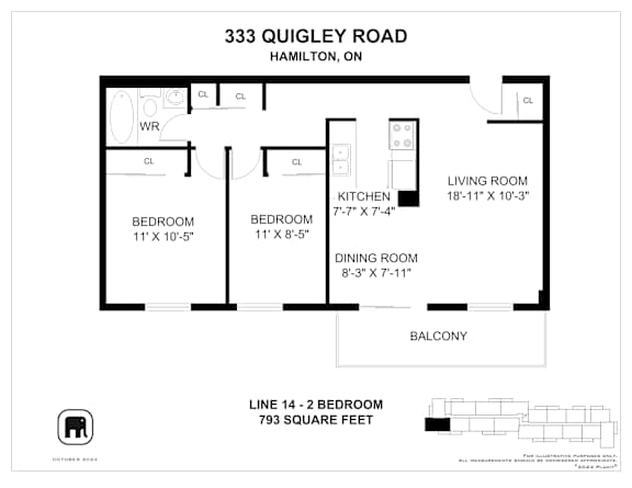 A floor plan for a home at 333 Quigley Road, Hamilton, ON, showing the layout of the bedrooms, living room, kitchen, dining room, and balcony.
