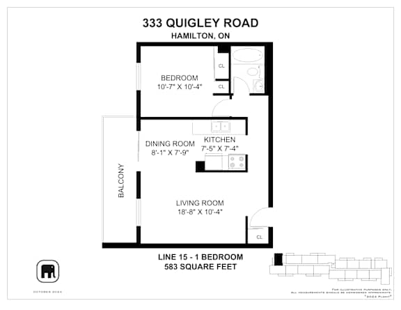 A floor plan for a home at 333 Quigley Road, Hamilton, ON shows a bedroom, a dining room, a kitchen, and a living room.