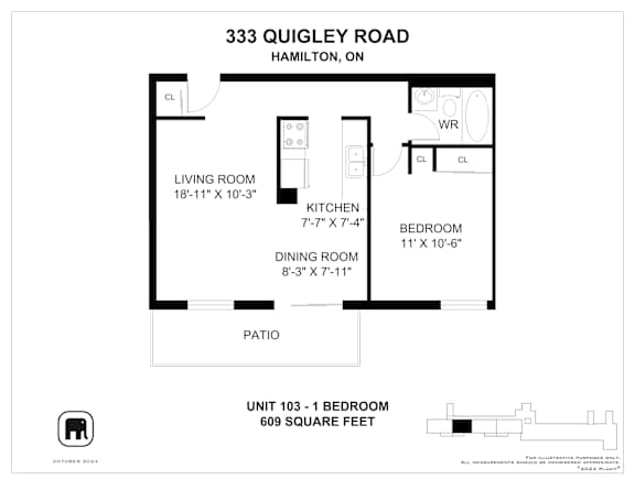 A floor plan for a 609 square foot unit at 333 Quigley Road in Hamilton, ON.
