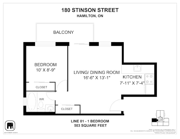A floor plan for a 503 square foot apartment at 180 Stinson Street, Hamilton, ON.