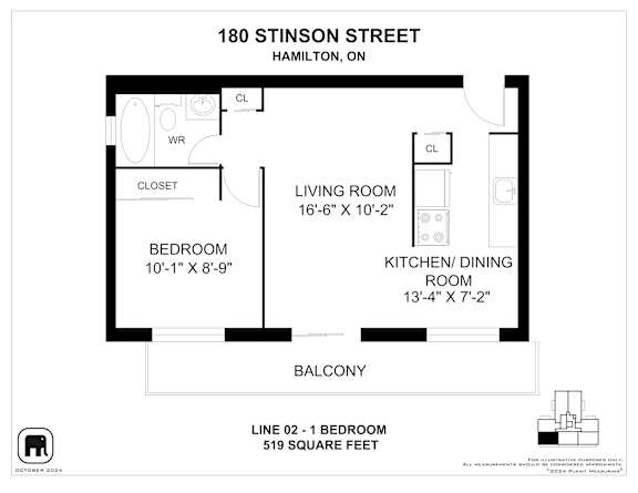 A floor plan for a property at 180 Stinson Street in Hamilton, ON, showing a bedroom, living room, kitchen/dining room, and balcony.