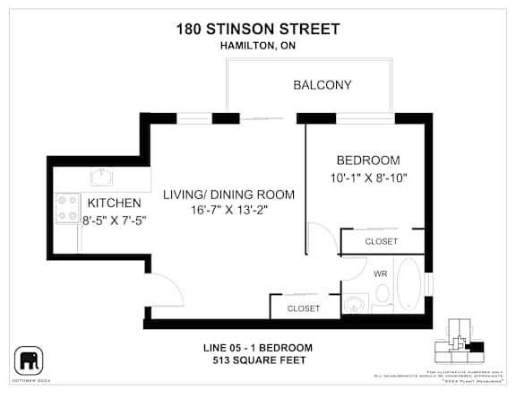 A floor plan for a 513 square foot apartment at 180 Stinson Street, Hamilton, ON.