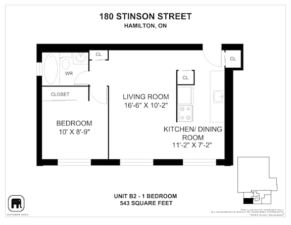 A floor plan for a unit at 180 Stinson Street in Hamilton, ON, showing a bedroom, living room, kitchen/dining room, and closet.