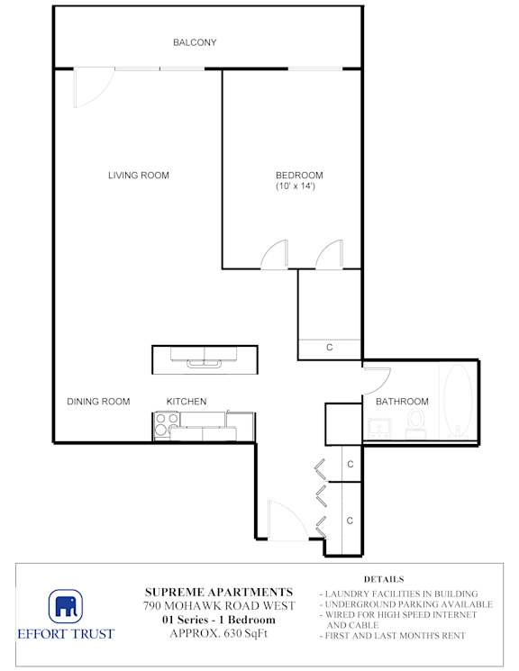 A floor plan for a 1 bedroom apartment in the 790 Mohawk Road West.