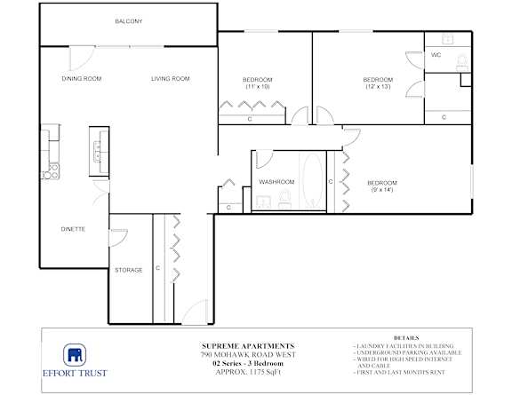 A floor plan for a Supreme Apartments building shows a layout with bedrooms, a living room, a dining room, a washroom, and a dinette.