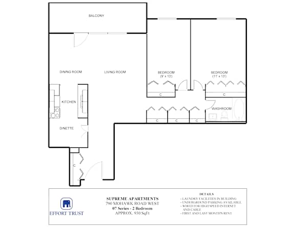 A floor plan of apartment with a balcony, two bedrooms, a living room, a dining room, a kitchen, and a laundry room.