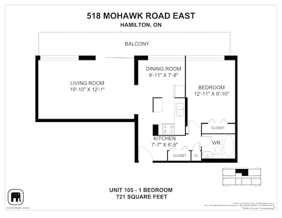 A floor plan for a unit at 518 Mohawk Road East in Hamilton, ON, showing a living room, dining room, kitchen, and bedroom.