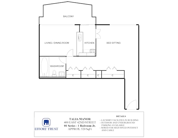 A floor plan for a Talia Manor apartment shows a living room, dining room, kitchen, bed sitting and a washroom.