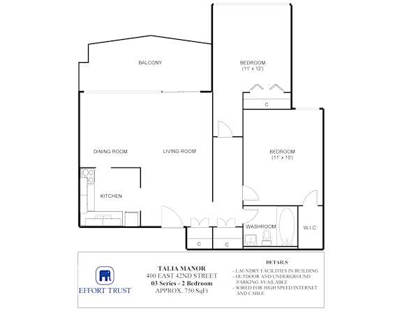 A floor plan for a Talia Manor apartment shows a living room, dining room, kitchen, and three bedrooms.