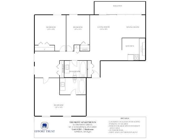 A floor plan for a Tremont apartment shows a living room, two bedrooms, a kitchen, a washroom, and a balcony.