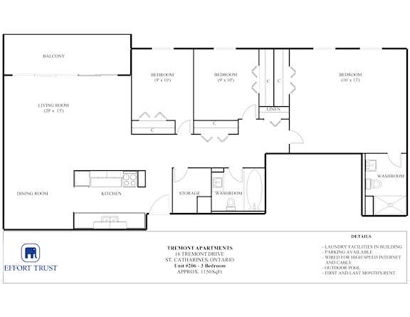 A floor plan of a Tremont apartment with details on the side.