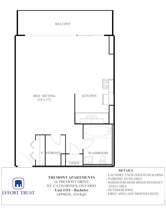 A floor plan for a one bedroom apartment with a balcony.