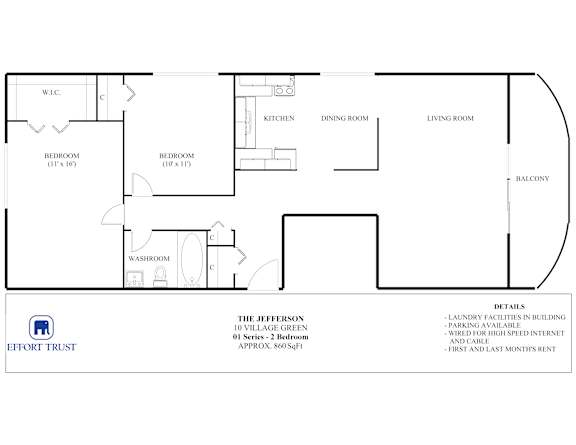 A floor plan of a 2 bedroom, 2 bathroom apartment with a living room and balcony.