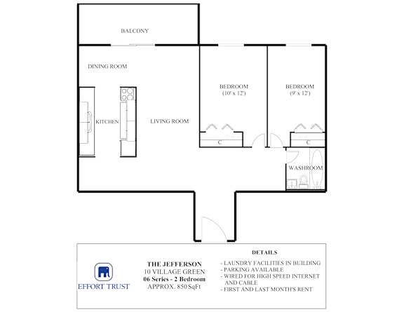 A floor plan of a two bedroom apartment with a balcony and a living room.
