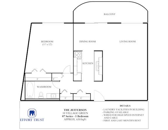A floor plan of a 10 Village Green apartment, showing a bedroom, dining room, living room, kitchen, and washroom.
