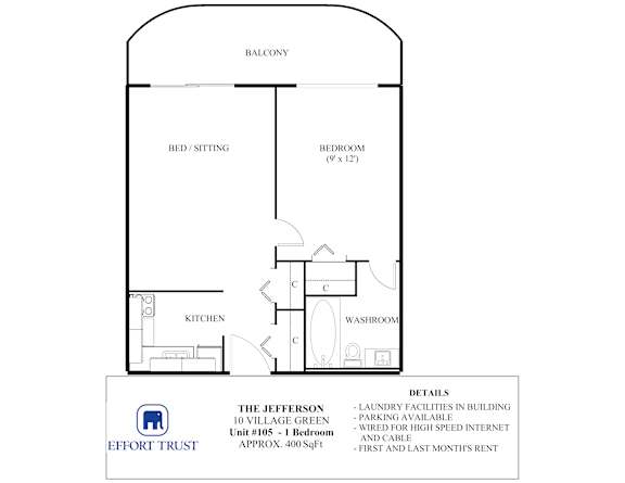 A floor plan of a one bedroom apartment with a balcony and a kitchen.