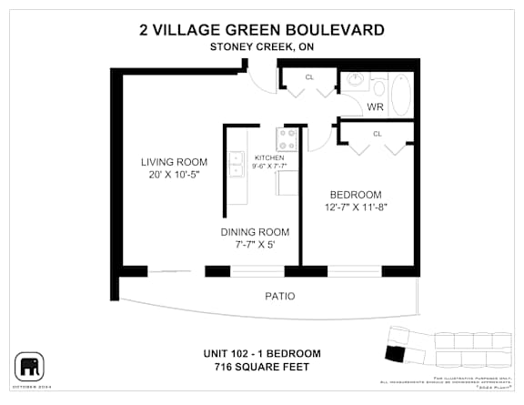 A floor plan for a 2 Village Green Boulevard apartment in Stoney Creek, Ontario.
