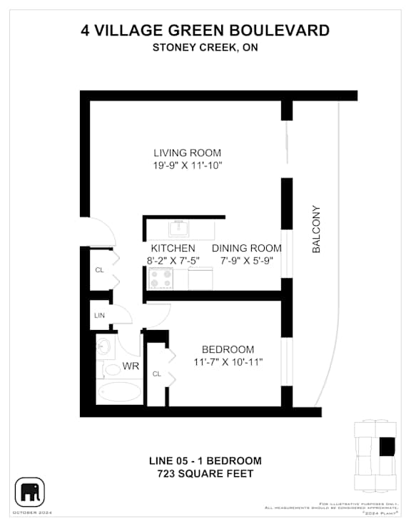A floor plan for a home at 4 Village Green Boulevard shows a living room, a dining room, a kitchen, a bedroom, and a laundry room.