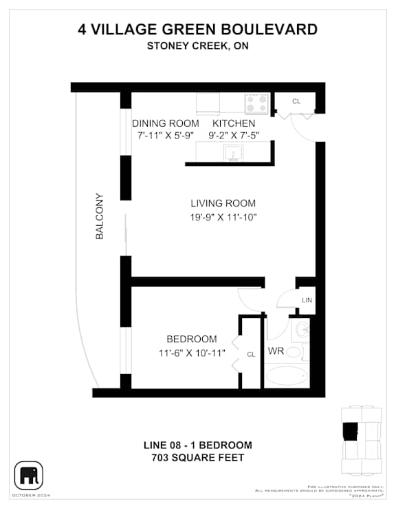 A floor plan for a home at 4 Village Green Boulevard shows a living room, dining room, kitchen, and bedroom.