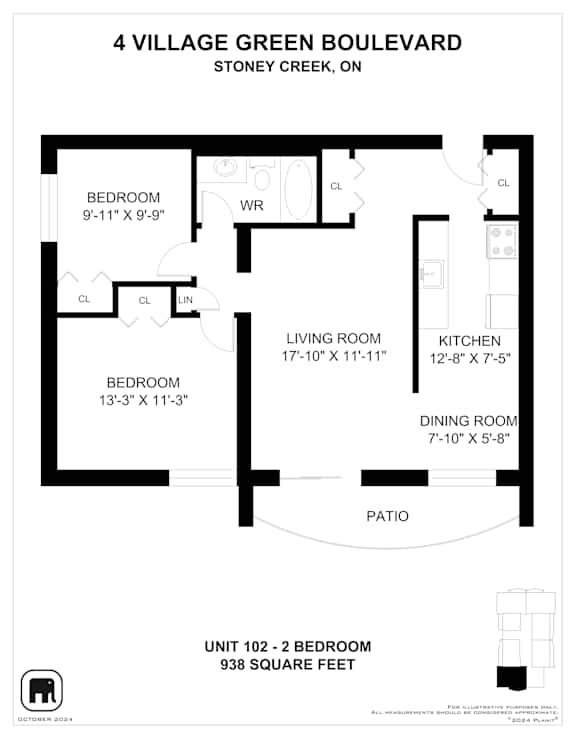 A floor plan for a 2 bedroom apartment at 4 Village Green Boulevard.