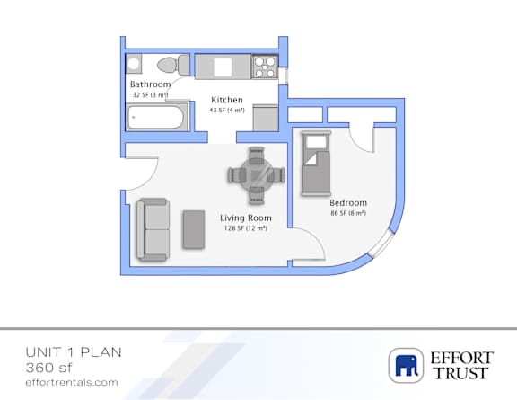 A floor plan of a 360 square foot apartment with a living room, kitchen, bathroom and bedroom.