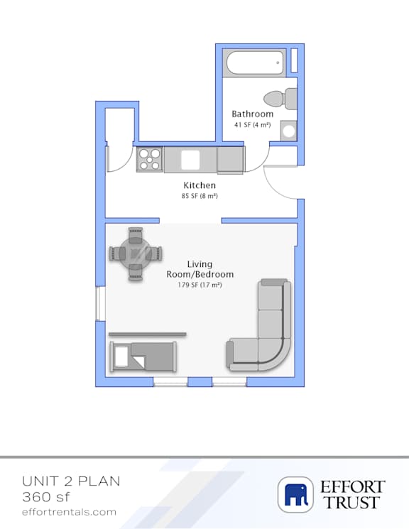 A floor plan of a 360 square foot apartment with a bathroom, kitchen, and living room/bedroom.