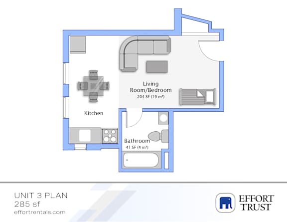 A floor plan for a 285 square foot apartment with a living room/bedroom, kitchen, and bathroom.
