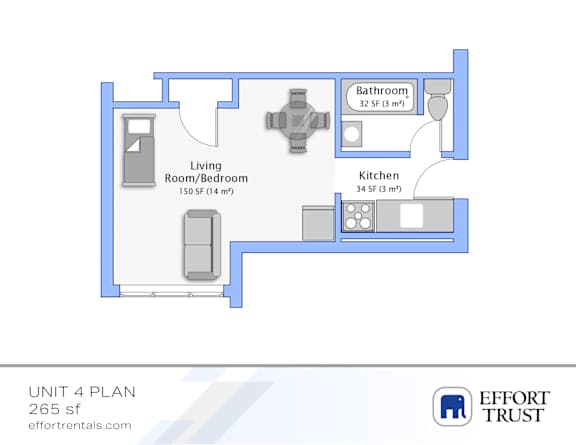 A floor plan for a 265 square foot apartment with a living room, kitchen, and bathroom.