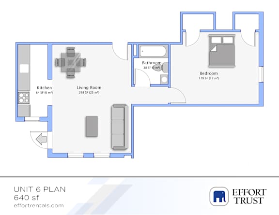 A floor plan of a 640 square foot apartment with a kitchen, living room, bathroom, and bedroom.