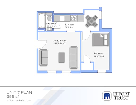 A floor plan of a 395 square foot apartment with a living room, kitchen, and two bedrooms.