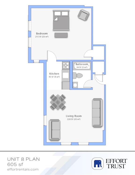 A floor plan of a 605 square foot apartment with a bedroom, living room, kitchen, and bathroom.