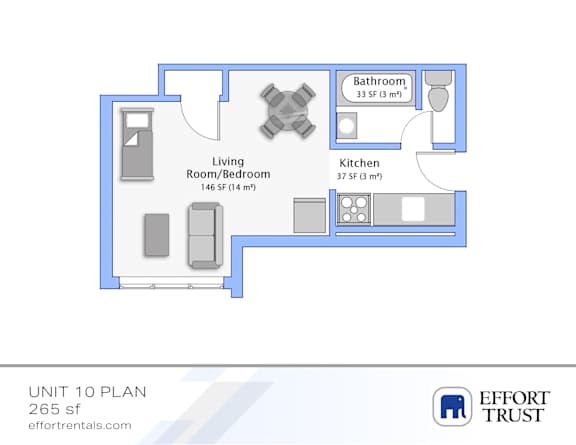 A floor plan of a 265 square foot apartment with a living room, kitchen, and bathroom.