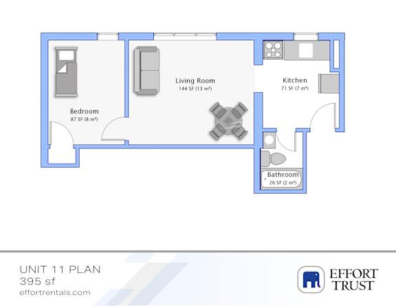 A floor plan of a 395 square foot apartment with a bedroom, living room, kitchen, and bathroom.