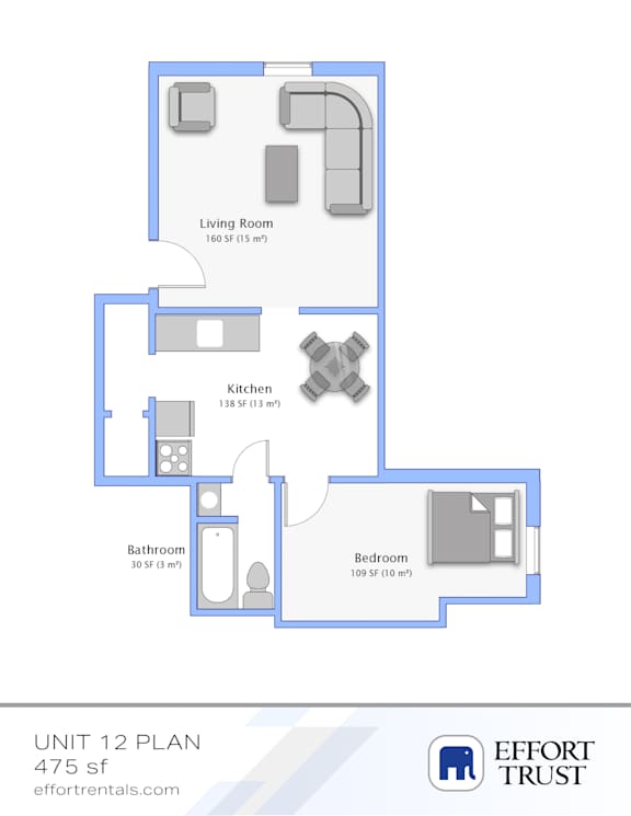A floor plan of a 475 square foot apartment with a living room, kitchen, bathroom, and bedroom.