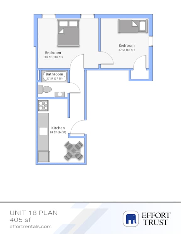 A floor plan of a 405 square foot apartment with a bedroom, bathroom, and kitchen.