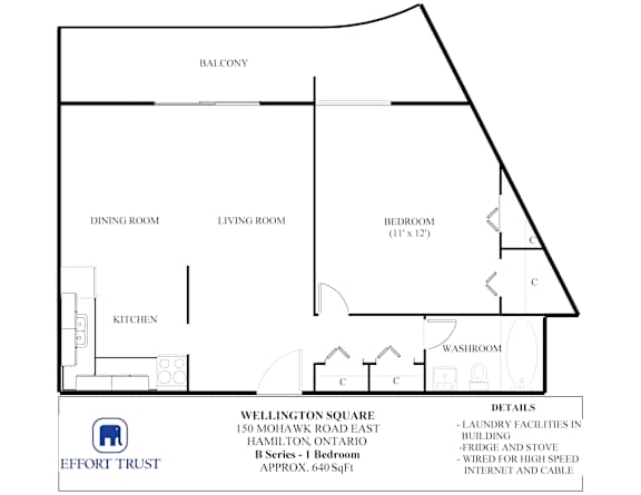 A floor plan of a 150 square meter B series 1 bedroom apartment.
