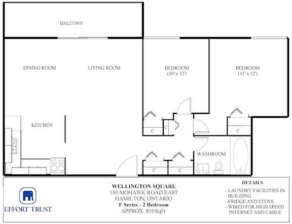 A floor plan of a two bedroom apartment with a living room, dining room, kitchen and two bedrooms.