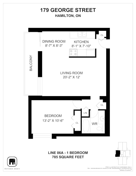 A black and white image of a floor plan for a one bedroom apartment.
