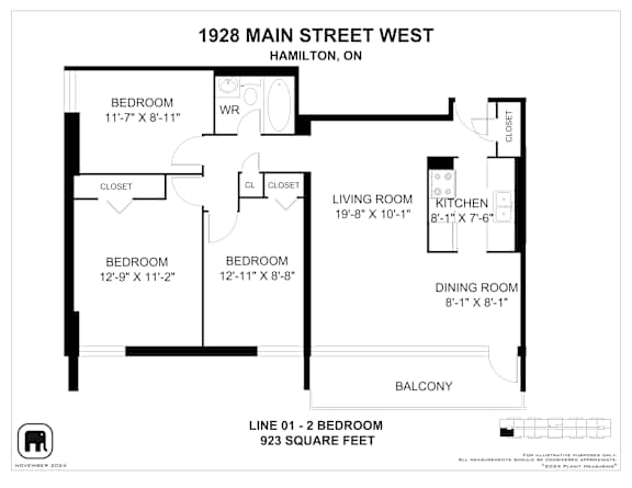 A floor plan for a 1 bedroom apartment at 1928 Main Street West, Hamilton, ON.