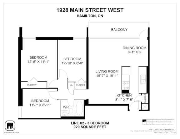 A floor plan for a 920 square feet apartment at 1928 Main Street West, Hamilton, On.