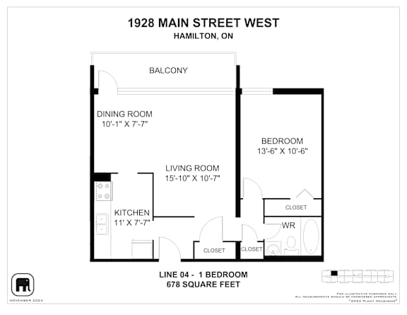 A black and white image of a floor plan for a 1 bedroom apartment.