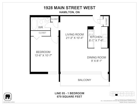A floor plan for a property at 1928 Main Street West, Hamilton, ON, showing a bedroom, living room, kitchen, dining room, and balcony.