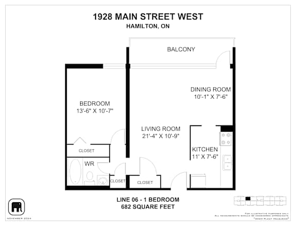 A floor plan for a 682 square foot home with a bedroom, living room, kitchen, and dining room.