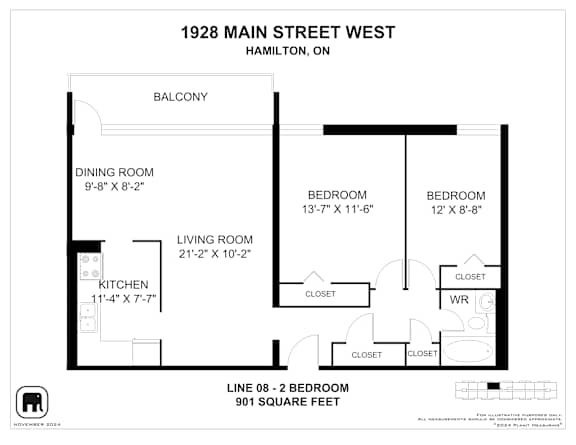 A floor plan for a 901 square foot home with two bedrooms and a living area.